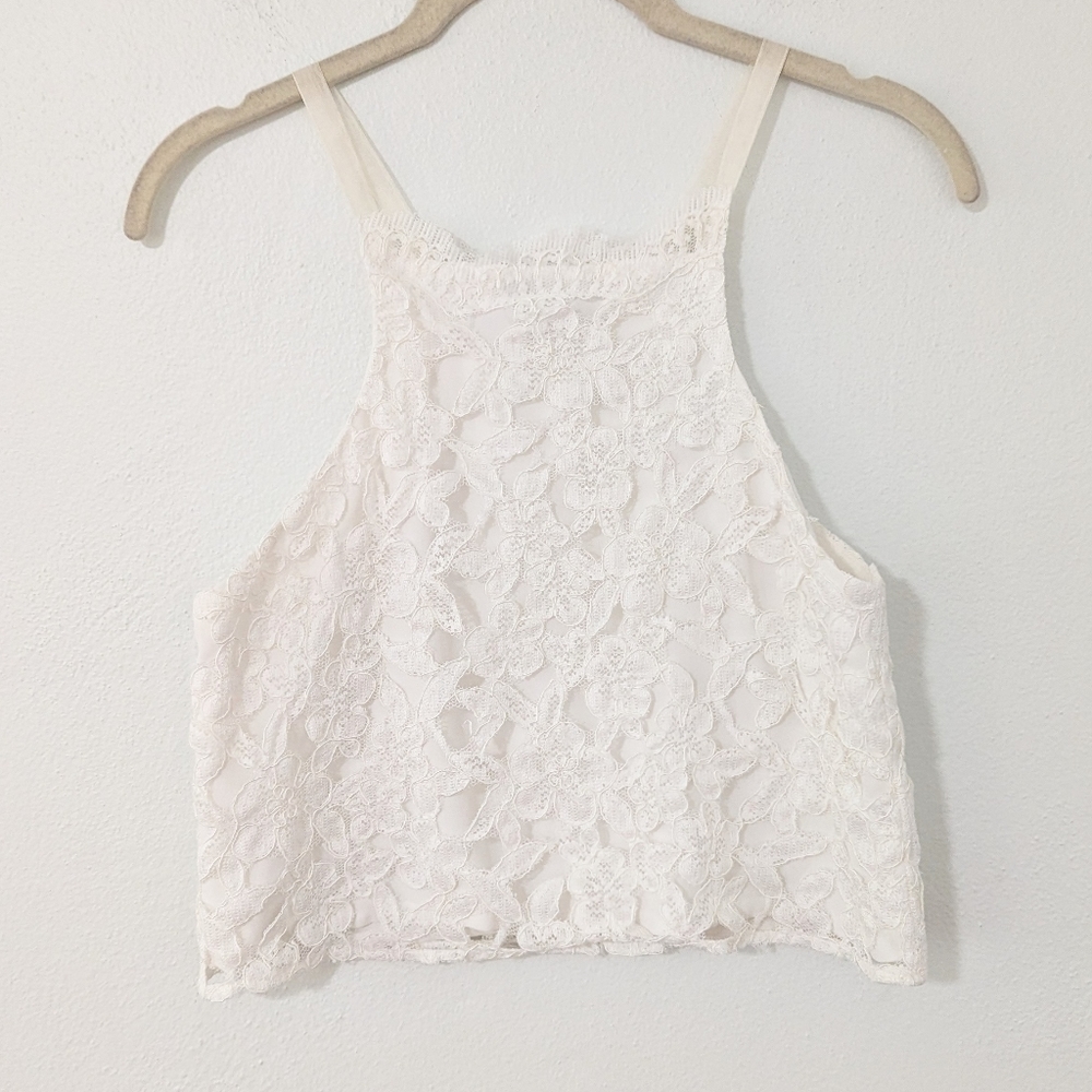 Alexis Floral Lace Crochet High Neck Crop Tank Top Boxy Fit White Ivory XS